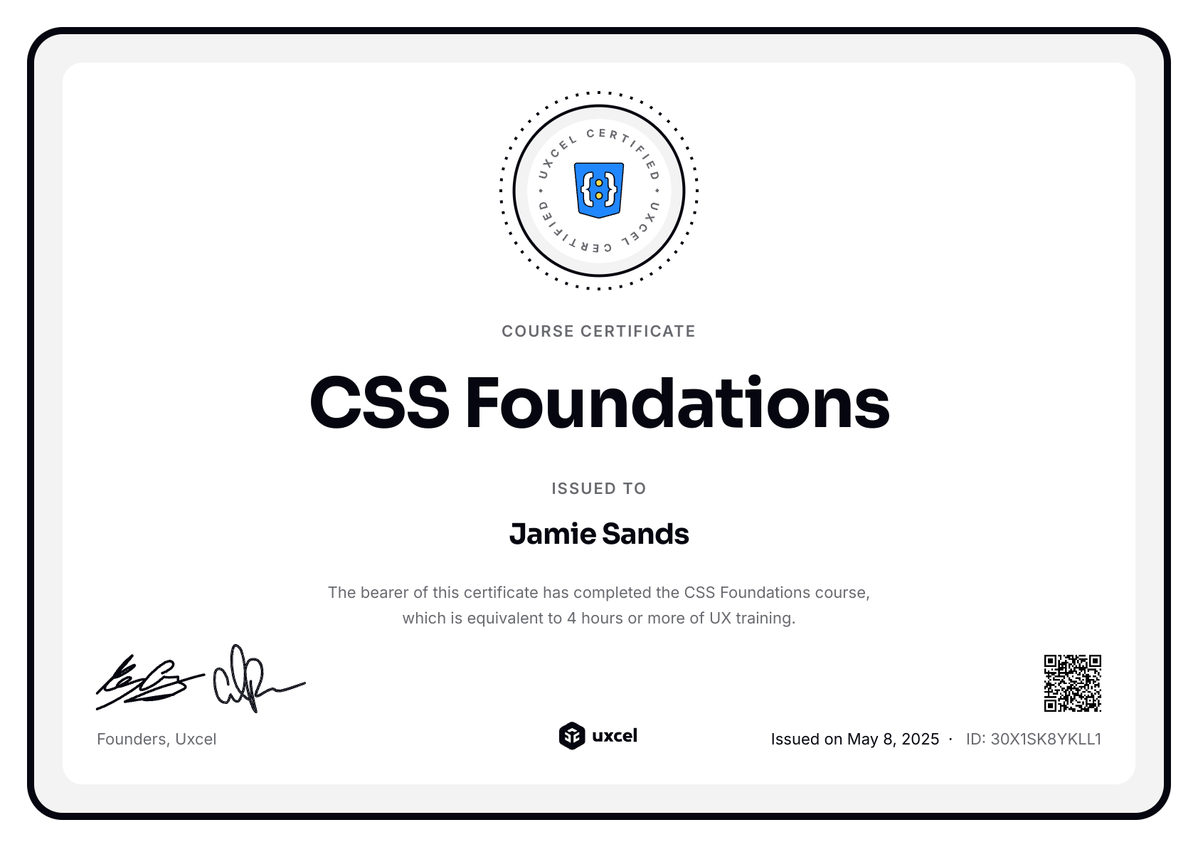 Jamie Sands's certificate